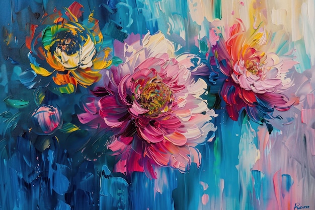 Vibrant abstract floral painting featuring pink and yellow flowers on a vivid blue background