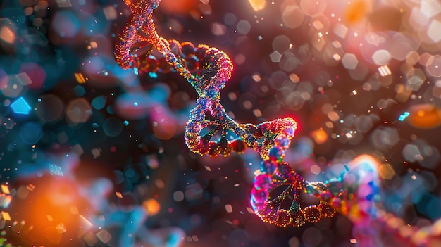 Vibrant abstract genetic DNA molecule structure with colorful bokeh background representing science and biotechnology concepts