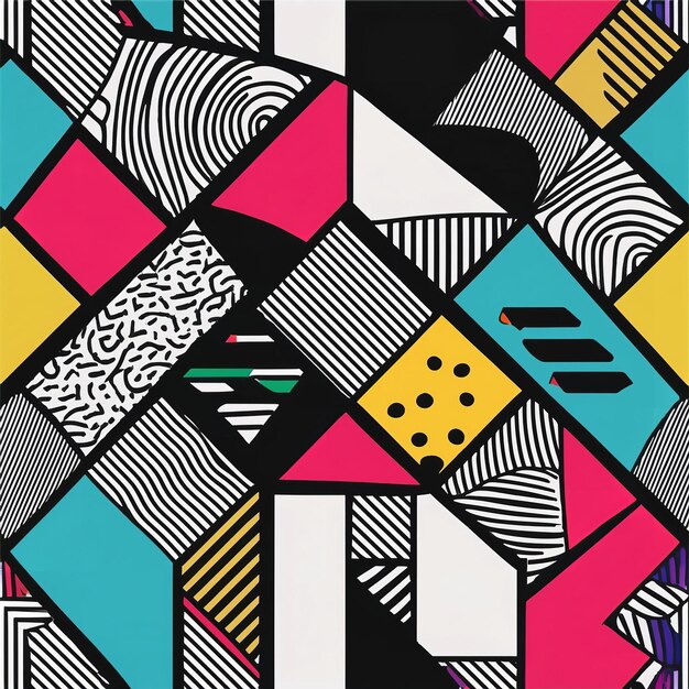 Photo a vibrant abstract geometric pattern featuring a mix of black white pink blue and yellow shapes with various textures the contrasting colors and intricate designs create a visually stimulating piece