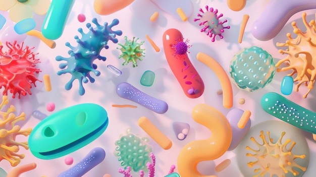 Photo a vibrant abstract illustration featuring an array of colorful bacteria and microorganisms against a soft pastel background