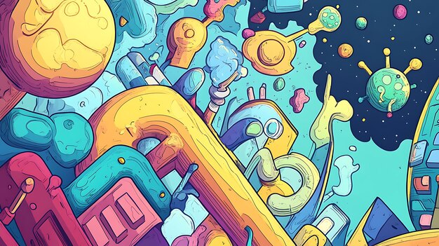 Photo a vibrant abstract illustration featuring colorful shapes and cosmic elements