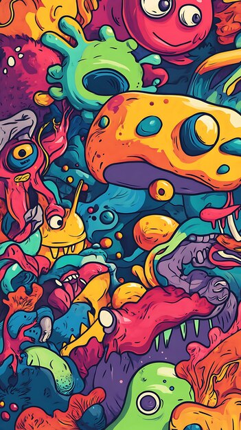 A vibrant abstract illustration filled with colorful whimsical creatures and organic shapes