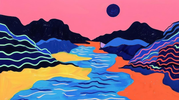 A vibrant abstract landscape featuring colorful mountains and a winding river under a pink sky