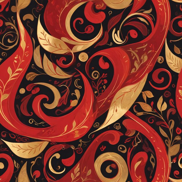 Vibrant abstract motifs including swirling red and glod