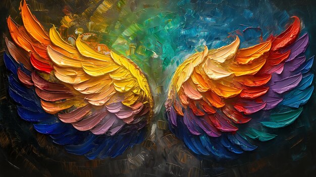 Vibrant Abstract Oil Painting of Colorful Angel Wings in Blue Orange Purple and Yellow Hues