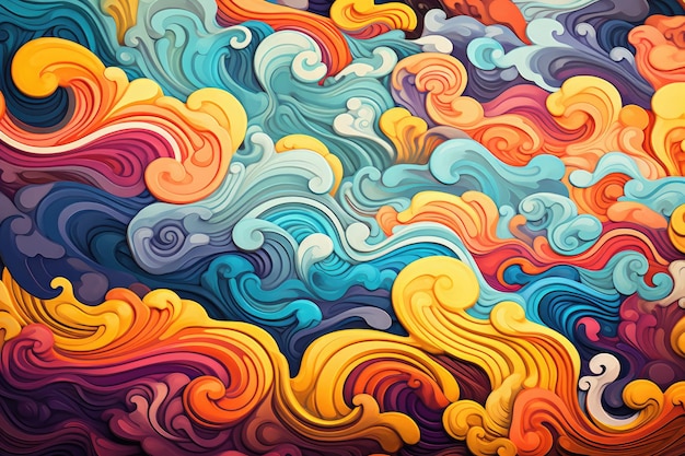 A vibrant abstract painting featuring a mesmerizing blend of colorful waves and clouds Psychedelic swirls and waves AI Generated