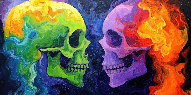 Photo vibrant abstract painting with colorful skulls in swirling textures facing each other