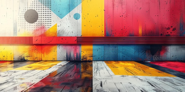 A vibrant abstract painting with various shapes and colors situated outdoors with a wooden bench in front of it