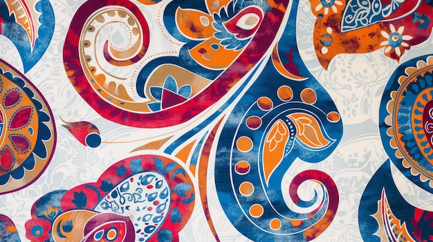 Vibrant abstract paisley pattern with ornate swirls and detailed floral designs in blue orange and r