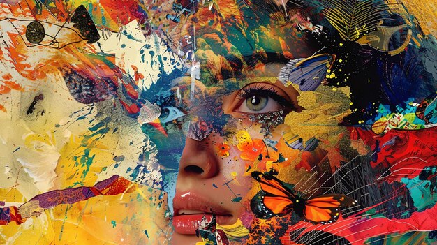 A vibrant and abstract portrait merges human elements with colorful splashes