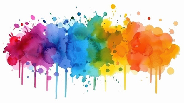 Vibrant abstract rainbow color painting with watercolor splashes on white background