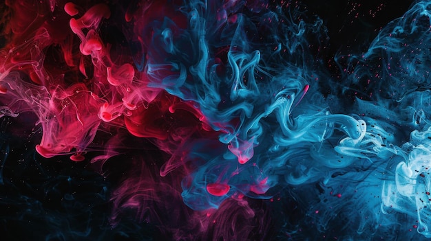 Vibrant Abstract Smoke Art with Red and Blue Swirling Colors on Black Background