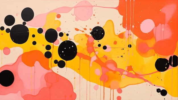 Vibrant abstract splatter painting featuring a blend of orange pink and black colors