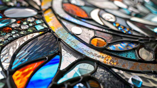 Photo vibrant abstract stained glass art with diverse shapes and colors creating a stunning visual mosaic with intricate details and textures