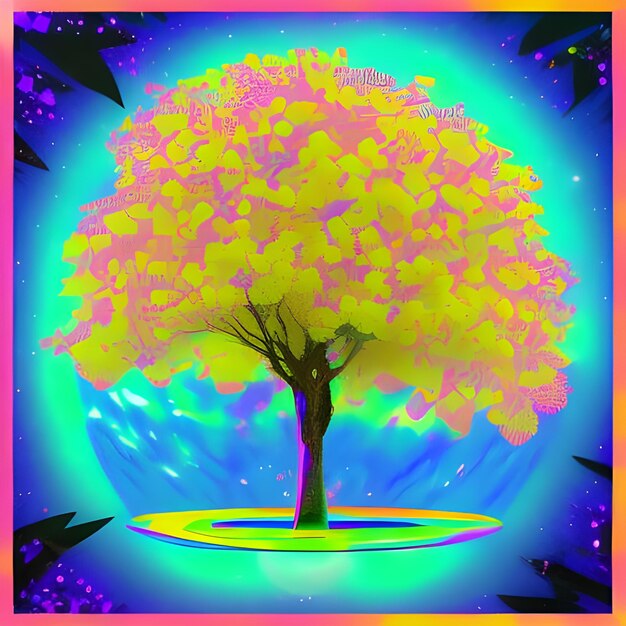 Photo a vibrant abstract tree with a glowing yellow crown surrounded by a colorful aura