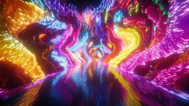 Photo a vibrant abstract tunnel of colorful lights reflecting on a smooth surface