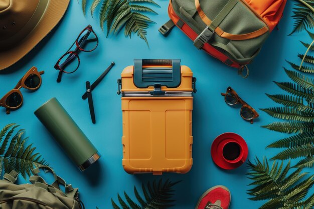 Photo a vibrant adventure preparation with gear laid out on a blue backdrop during the sunny afternoon