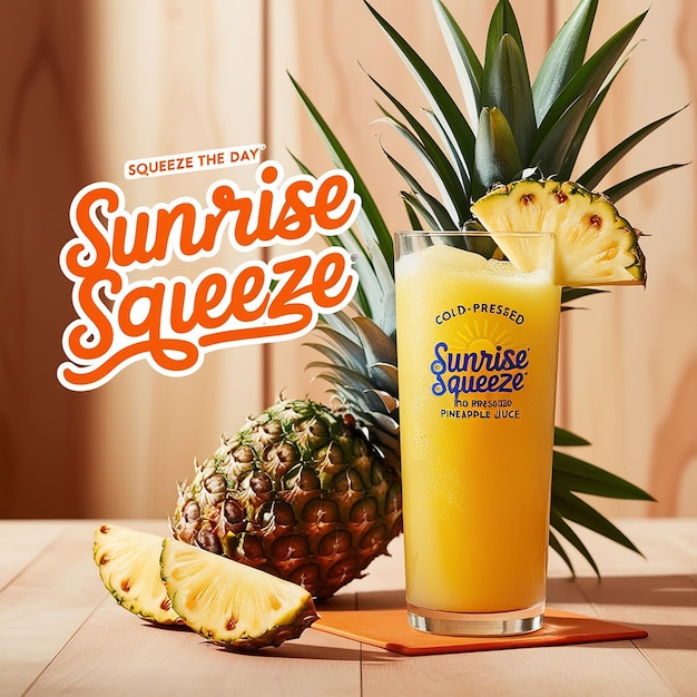 A vibrant advertisement featuring a refreshing glass