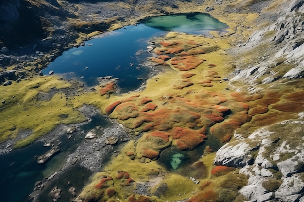 Vibrant Aerial Panorama Captivating Colors of Pyrenean Nature Lake Grass and Stones in Stunning