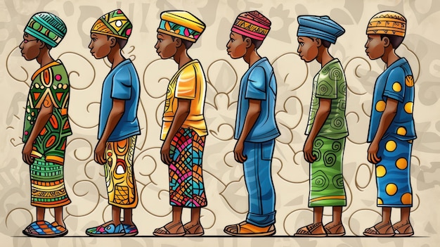 Vibrant African watercolor illustration of diverse individuals in cultural attire on clean