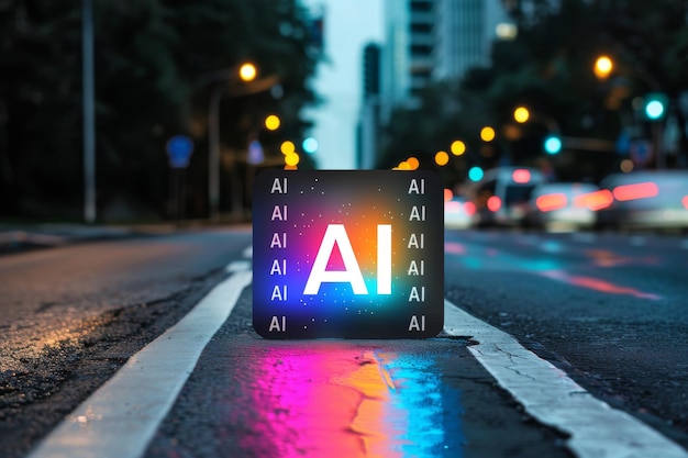 Vibrant AI themed neon lights in an urban setting showcasing the integration of artificial intelli