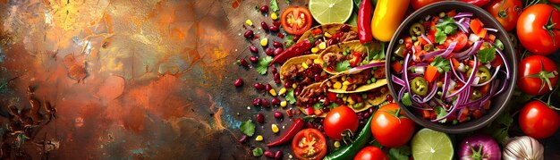 Photo vibrant al pastor taco banner with overhead food composition