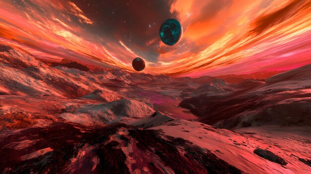 Photo a vibrant alien landscape under a twomoon sky wideangle shot fantastical world building