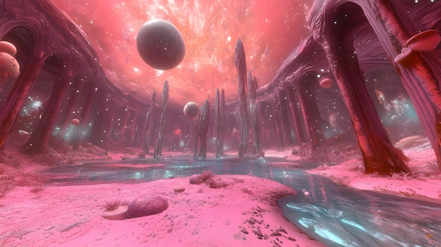 A vibrant alien landscape under a twomoon sky wideangle shot fantastical world building