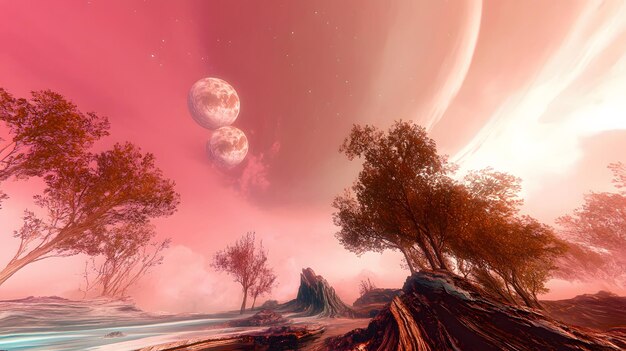 Photo a vibrant alien landscape under a twomoon sky wideangle shot fantastical world building