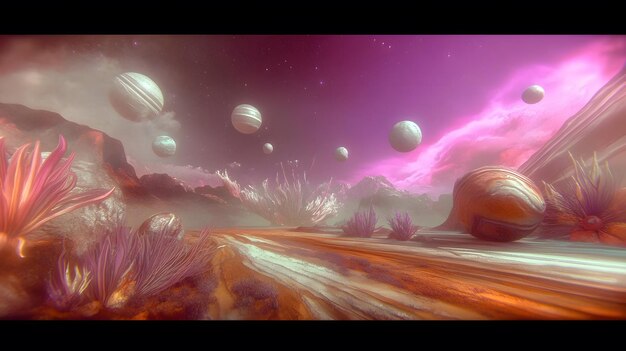 A vibrant alien planet with bizarre plant life floating islands