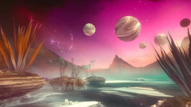 A vibrant alien planet with bizarre plant life floating islands