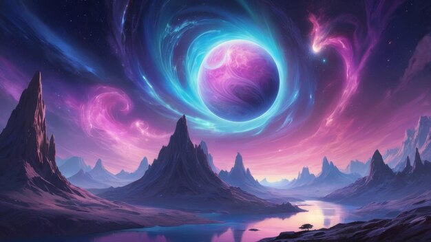 Photo a vibrant alien sky glows with purple and blue nebulae above a majestic mountain range