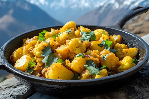 Vibrant Aloo Gobi in a rustic skillet set against the serene Himalayas capturing the essence of Indian cuisine and nature