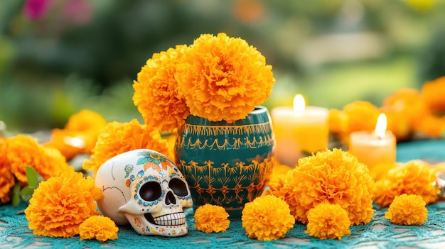 Photo a vibrant altar display featuring marigold flowers candles and a decorative skull