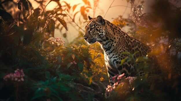 Vibrant Amazon Jungle Leopard Hunting in Sunset Light Amidst Lush Foliage amp Delicate Flowers