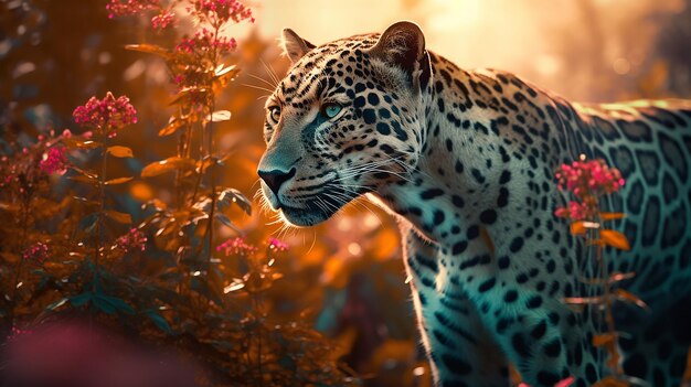 Vibrant Amazon Jungle Leopard Hunting in Sunset Light Amidst Lush Foliage amp Delicate Flowers