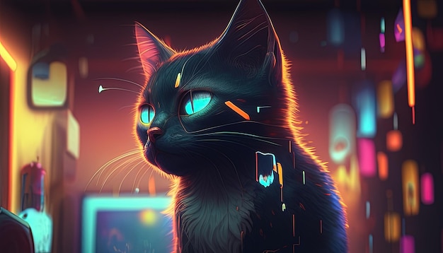 Vibrant analog cat digital art illustration