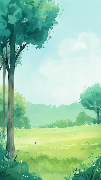 Vibrant anime scene with green grassland under blue sky