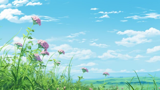 Photo vibrant animeinspired pink flowers in a serene green field