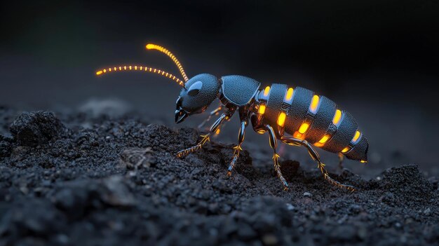 A vibrant ant with glowing stripes exploring the earthy soil showcasing natures beauty and intricat