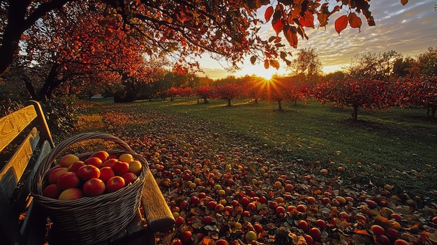 Photo a vibrant apple orchard scene at sunrise where the golden light of morning bathes the landscape i