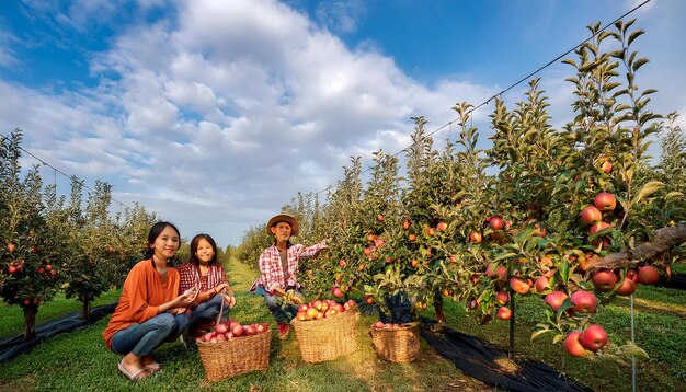 A Vibrant Apple Orchard Scene with Families Picking Apples and a CiderMaking Area in the Background