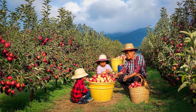 A Vibrant Apple Orchard Scene with Families Picking Apples and a CiderMaking Area in the Background