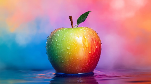 Photo vibrant apple with water droplets against rainbow background colorful freshness and nature concept