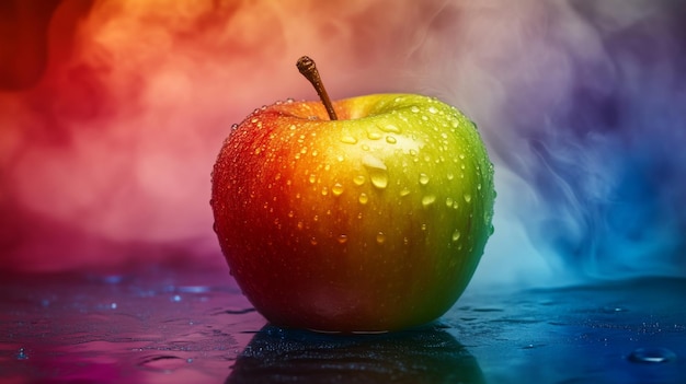 Photo vibrant apple with water droplets on multicolored background