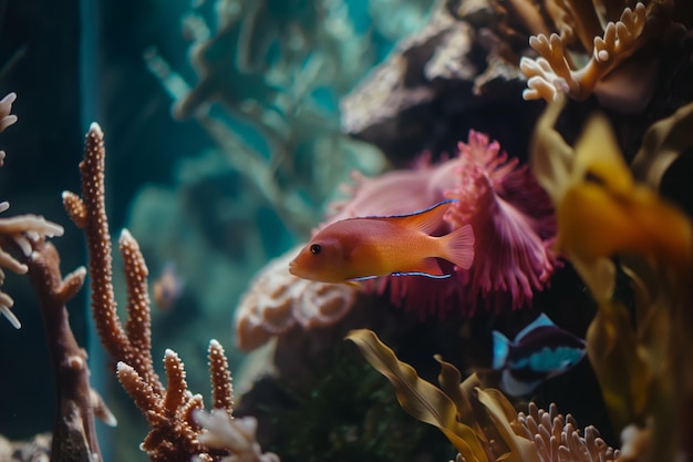 Vibrant Aquarium Fish Swimming Among Colorful Coral in Underwater Scene