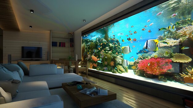 Vibrant Aquatic Centerpiece Elevating Serene Living Room Decor