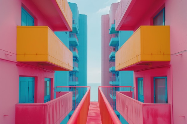 Photo vibrant architectural abstraction in pastel hues with stunning seaside views