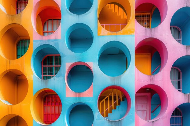 Photo vibrant architectural design featuring repeating circular patterns in urban setting