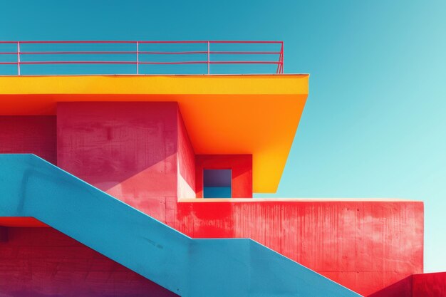 Photo vibrant architectural design with rotating elements under a bright blue sky